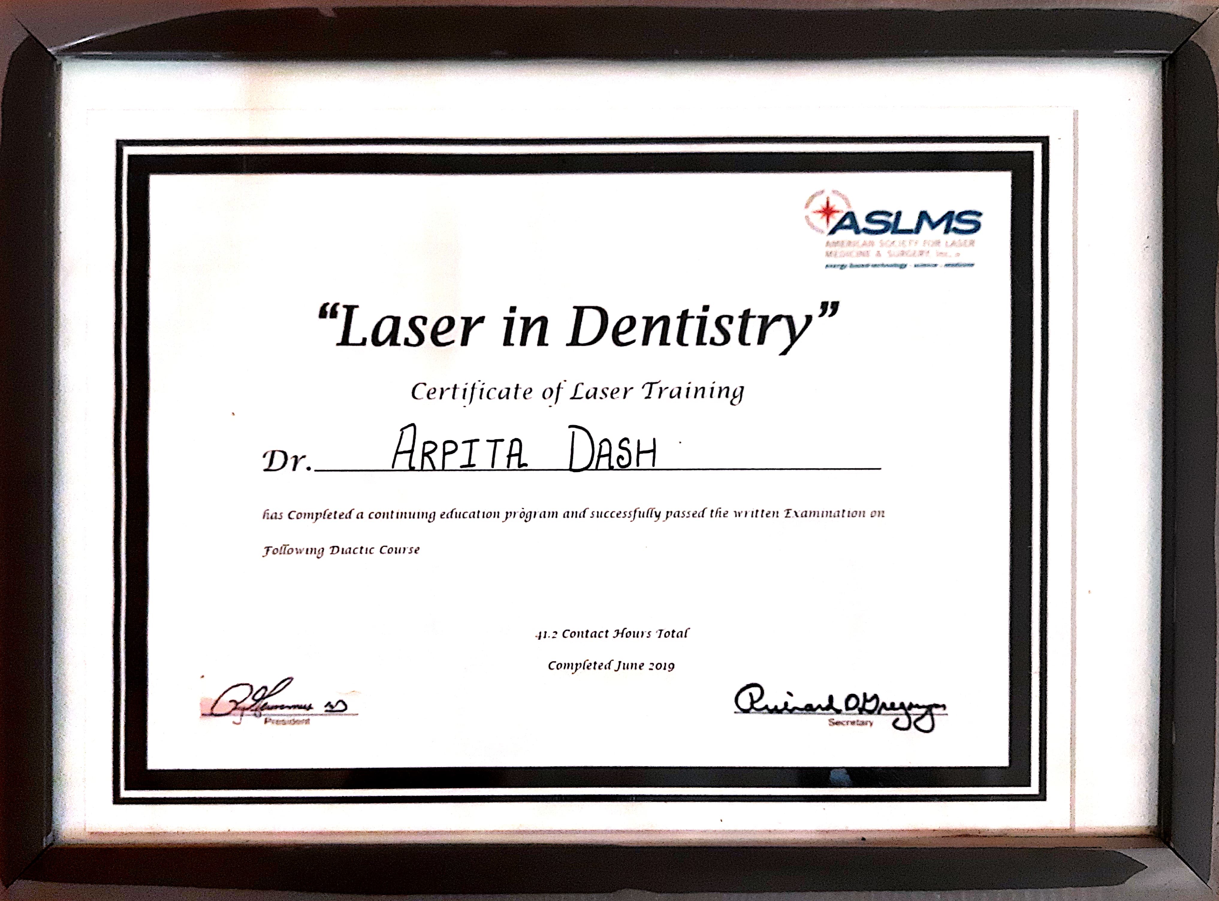 Training on Lasers in Dentistry certificate - Dr. Arpita Dash
